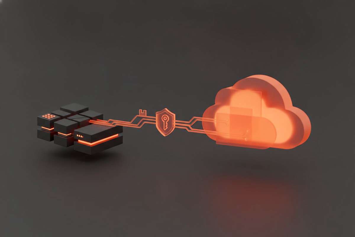 Abstrakte Darstellung einer Identitäts-Migration von On-Premises-Server zu Microsoft Entra ID in Anthrazit und Orange