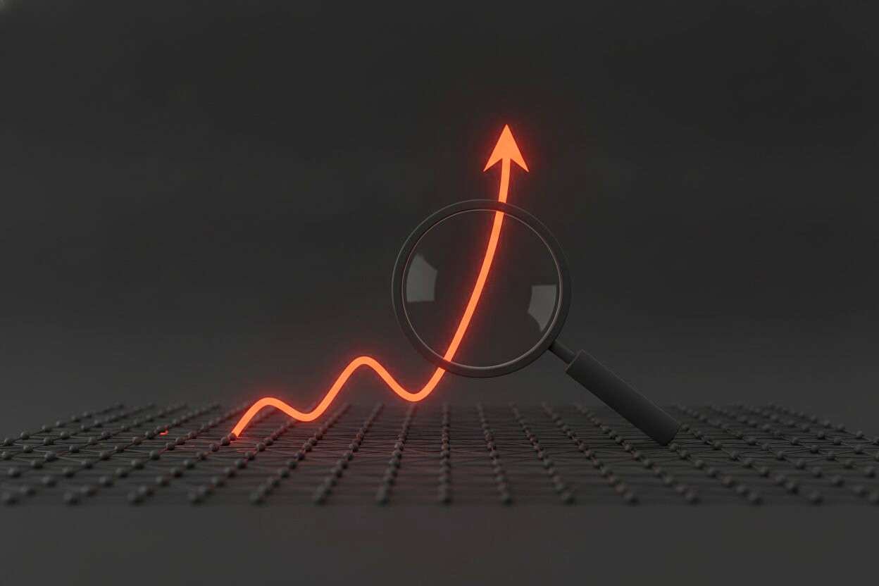 Abstrakte Darstellung von technischem SEO mit Lupe über einem Datennetz und aufsteigender Kurve in Anthrazit und Orange