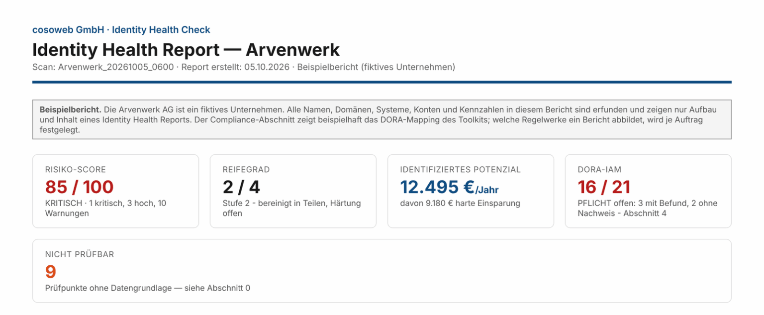 Beispielbericht Identity Health Check: Kopf mit Risiko-Score 85 von 100, Reifegrad 2 von 4, identifiziertem Potenzial und DORA-Status